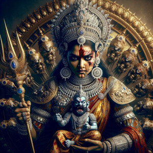 portrait of angry looking goddess durga, sitting on a gold crown...
