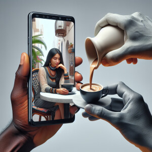 Create an image featuring a modern smartphone held in a hand. Th...