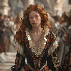 Create a photorealistic image of a light ginger-haired model wal...