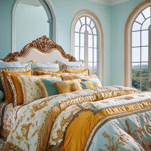 A luxurious, ornate bedroom featuring intricate gold detailing a...