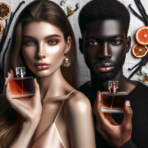 Young woman and man holding up-close of their face a bottle of p...