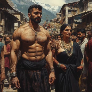 realism, a muscular, sweaty criminal man greeting guests walki...