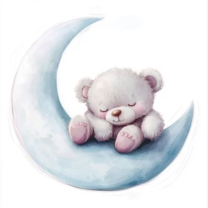 A cute, cartoon teddybear lies on a stylized, rosy-pink crescent moon. The teddy bear is light gray with large, round, pink-spotted ears.  Its body is round and he has expressive eyes.  its facial expression is happy and friendly. The teddy bears leg and foot are visible, and its posture is relaxed, lying down in the curve of the moon. it's stomach is lying down on the moon with left arm and leg showing hanging down. The moon is a soft, shaded blue, with watercolor-like texture and subtle shading. The background is white. The image is in a child-friendly style, showcasing delicate line work and color palettes. The composition is centered on the teddy bear which is positioned lying slumped face down on  the moon, giving the moon a hug with closed eyes. The overall style is sweet, whimsical, and reminiscent of children's book illustrations.  The colors are pastel and soothing, creating a gentle atmosphere.