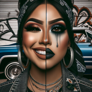 Create an image featuring a Latina woman with a "smile now, cry...