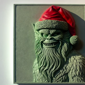 Hyper-detailed bas relief of the grinch wearing a santa hat, wit...