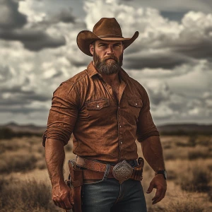 photograph of a muscular, bearded man, wearing a brown cowboy ha...