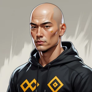 a clean-shaven Asian man with sharp cheekbones, bald head, intel...
