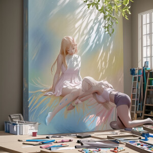 Create an image of  young woman emerging from a life-size art ca...
