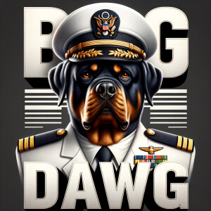 A mean Rottweiler, the Rottweiler is a US Navy officer in a white uniform, down below, spells the words BIG DAWG