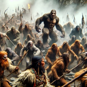 Large army of humanoid sasquatch fighting American ondians in a...