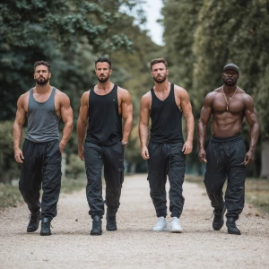 Four bodybuilder muscle, bearded, men walking in the park with j...