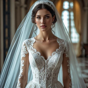 hyper realistic photography, look to the front, an Italian bride...