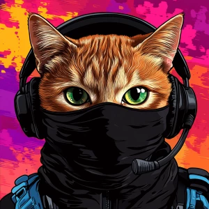 A wide-eyed ginger cat wearing a black tactical balaclava (or ma...
