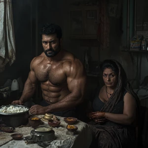 A muscular sweaty indian criminal man celebrating diwali festiva...