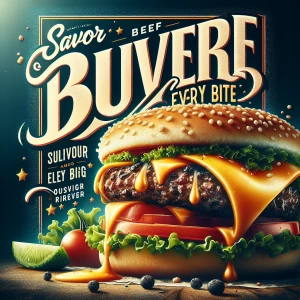 A single shot of a perfectly grilled beef patty topped with melting cheese and crisp lettuce, paired with a tagline that says, ‘Savor Every Bite