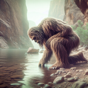 A humanoid looking hair covered sasquatch kneeling down by the w...