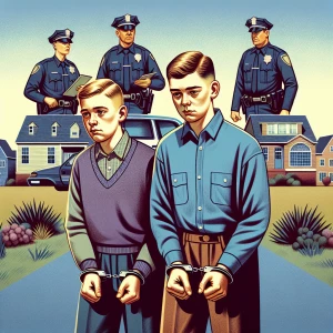Image of two handcuffed 15-year-old Caucasian boys with their ha...