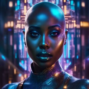 Create a cutting-edge digital artwork showcasing an AI cyborg ho...