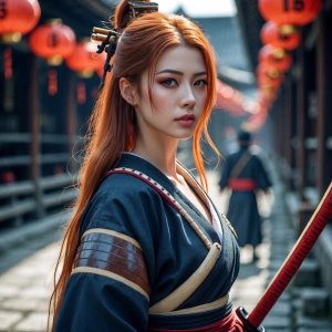 Wide angle long shot camera redhead woman samurai warrior