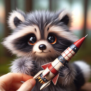 Create an adorable fuzzy raccoon character holding a toy rocket...