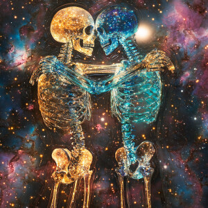 2 men, hugging in the vast cosmos, surrounded by the infinite ex...