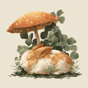 Chubby rabbit napping under tall mushroom, whimsical style, past...