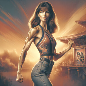 Athletic Thin skinny Attractive, Asian teenage girl, long brown hair and bangs, wearing tight skinny jeans and a halter top paint marks on her clothing, heroic pose Asian graffiti background, side view