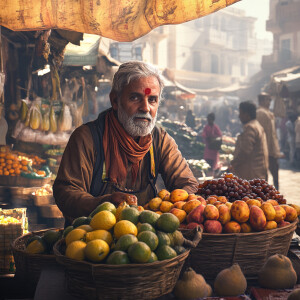 A hyper-realistic image of an Indian fruit vendor in a bustling...