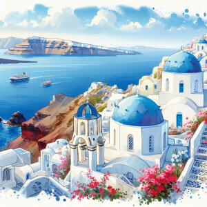 A watercolor painting of Santorini’s blue-domed churches.