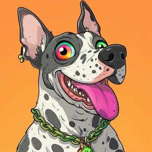 Create a cartoon-style anthropomorphic dog with white and gray s...