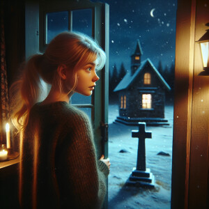 A girl with blond hair opens the door of a house, looks at a lon...