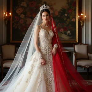 a Turkish bride in a luxurious white or red gown with intricate...