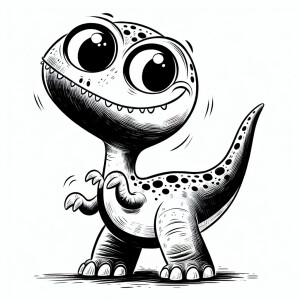 A black-and-white pen and ink drawing of a comical dinosaur for...