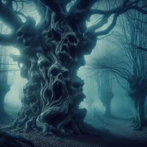 A malevolent-looking ancient tree with a twisted trunk and gnarl...