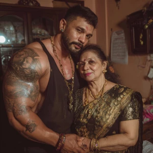 Realism,photo painting.a muscular beefy sweaty tattoed indian ma...