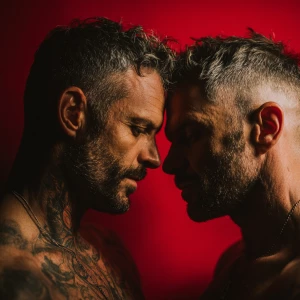 Two rugged, masculine men standing closely together in an intima...