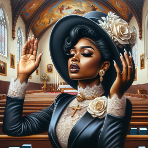 Render an airbrush oil painting of an African American woman with flawless makeup
kneeling at a church altar, her hands raised in a gesture of surrender to God. She's
dressed in stylish Sunday Best attire, with a particular focus on the delicate details of
her Church Hat. The background features a beautifully painted church interior, with the
oil paint texture enhancing the sacred atmosphere. The artwork should capture the
woman's devout expression, the elegance of her attire, and the spiritual ambiance of
the church setting, reflecting a moment of deep faith and devotion.