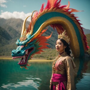 Beautiful asian dragon hmong princess coming out of a lake surro...