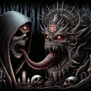 A dark, horror-themed digital illustration of a terrifying maske...