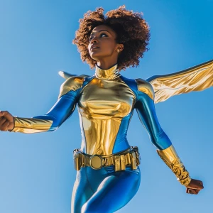 Gliding gracefully through the azure expanse, the superheroine b...