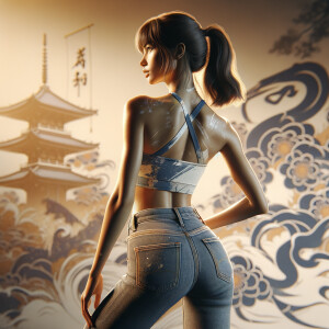 Athletic Thin skinny Attractive, Asian teenage girl, long brown hair and bangs, wearing tight skinny jeans and a halter top paint marks on her clothing, heroic pose Asian graffiti background, backside view