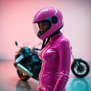 Close up shot of a woman wearing a barbie pink latex outfit and...
