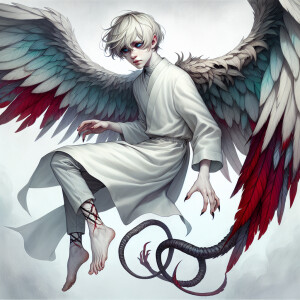 A young, ethereal-looking figure hovers in the air with an air o...