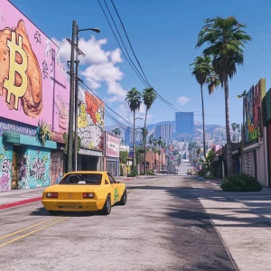 Street with DOGE meme in GTA  style.