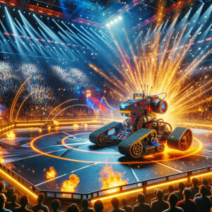 A BattleBot in the arena with sparks and fire