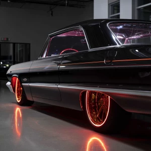 A stunning 64 Chevy impala on Dayton 100 spoke 20 inch gold rims...