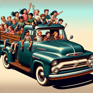 Create an old 1950’s pickup truck, 12 each young kids in the tru...
