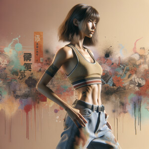 Athletic Thin skinny Attractive, Asian teenage girl, long brown hair and bangs, wearing tight skinny jeans and a halter top paint marks on her clothing, heroic pose Asian graffiti background, side view