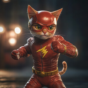 An anthropomorphic cat dressed in a fitted flash costume,  strik...
