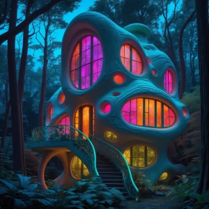 Bio-luminescent house, organic architecture, glowing windows shifting colors with its moods, nestled in a fantastical forest.